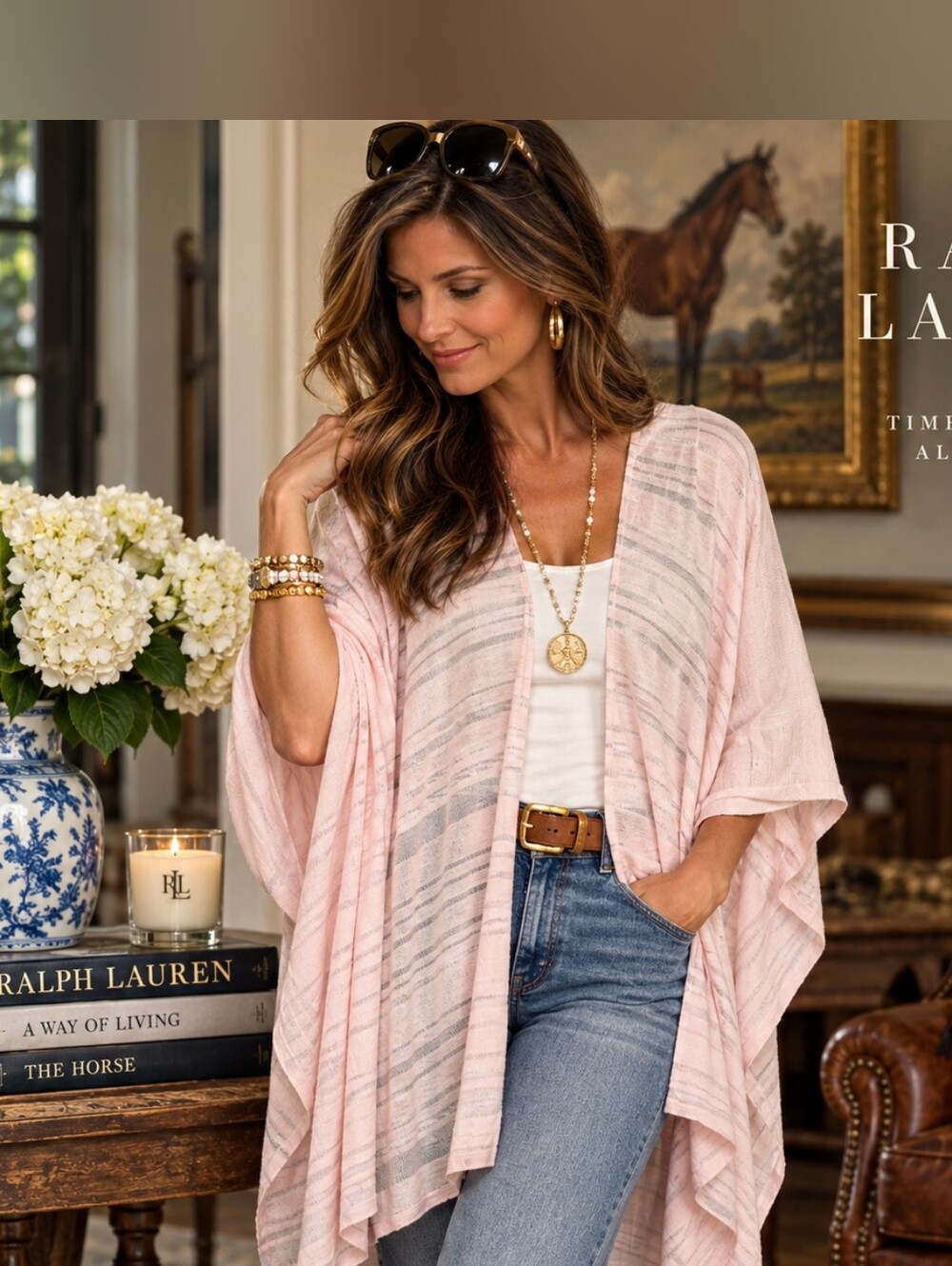 Lauren Ralph Lauren Pink Gray Striped Ruana Wrap One Size NWT $98 MSRP